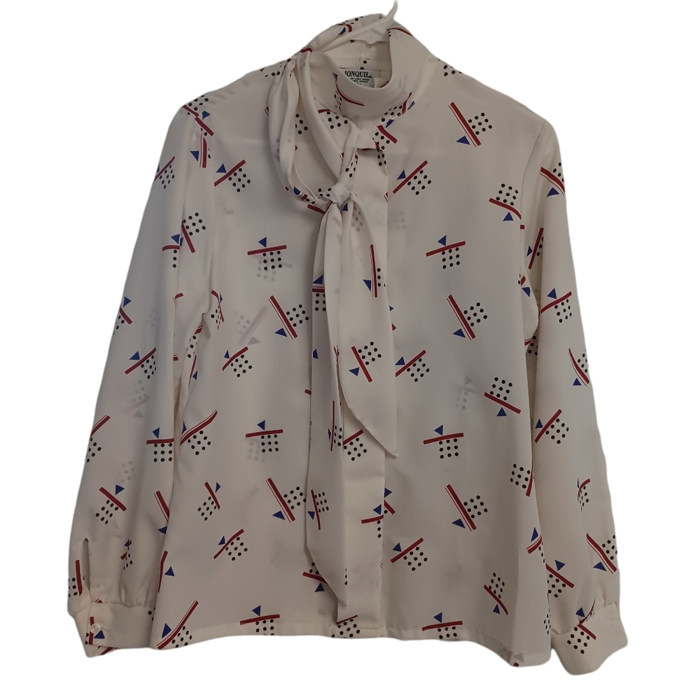 Vintage Jonquil Judy Bond Pussybow Tie Patriotic Silky Secretary Blouse Sz 10